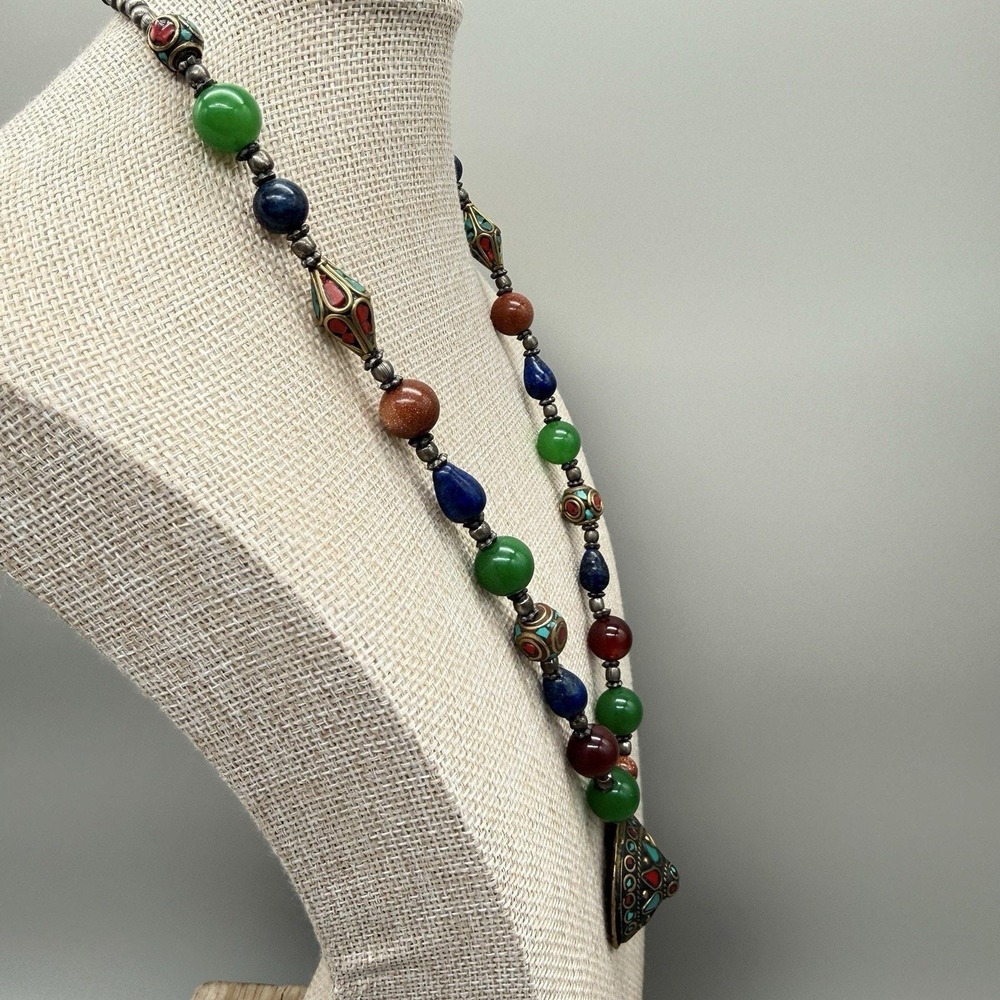 Tibetan Inlay Dome Pendant Necklace Boho Mixed Glass/Semi Precious Beads & Stone - Picture 7 of 16